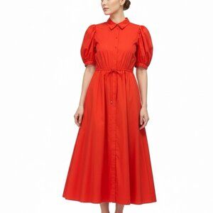 Lauren Ralph Lauren Womens Red Button-Up Puff Sleeve Midi Dress Sz 12 - New